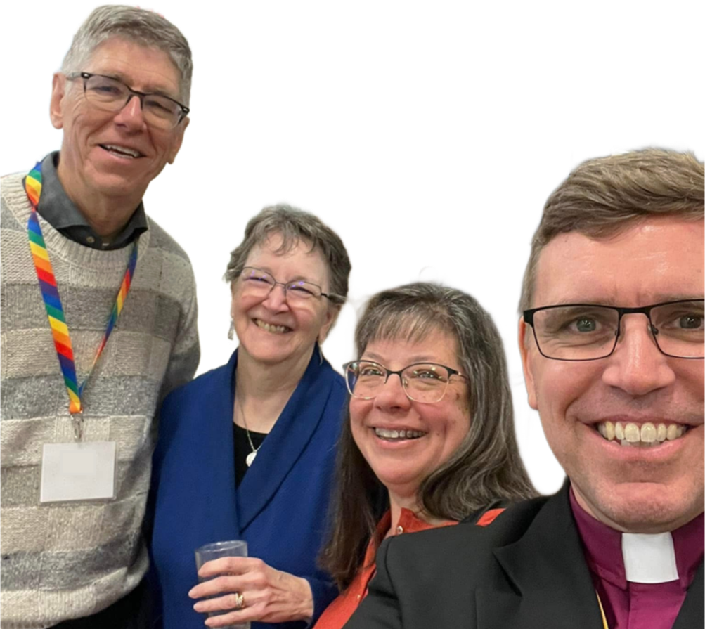 Steve Barmore, Ann Brown, and others enjoy fellowship hour after service